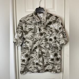 Trader Bay Hawaiian Vacation Button Up Tropical Mens polyester Tan Shirt Large